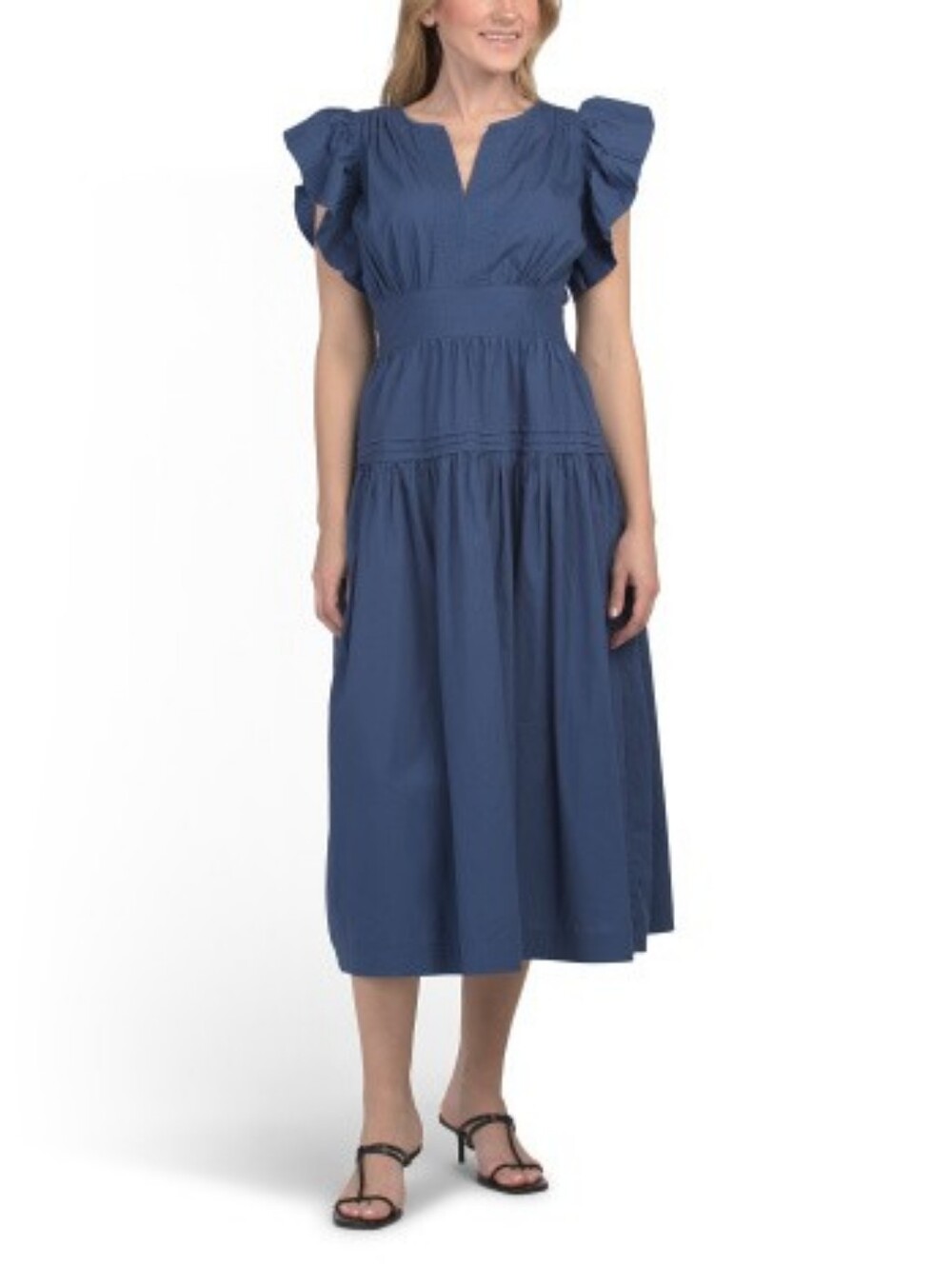 NWT - LEA Cotton Poplin Flutter Sleeve Split Neck Smocked Back Midi Dress-Size M - Picture 2 of 14
